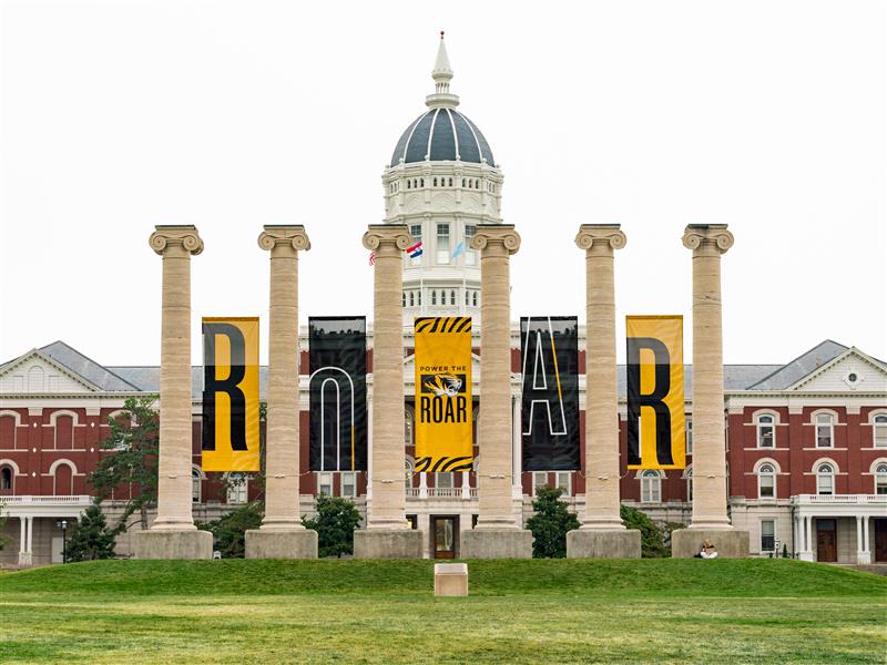 Mizzou columns in front of Jesse Hall