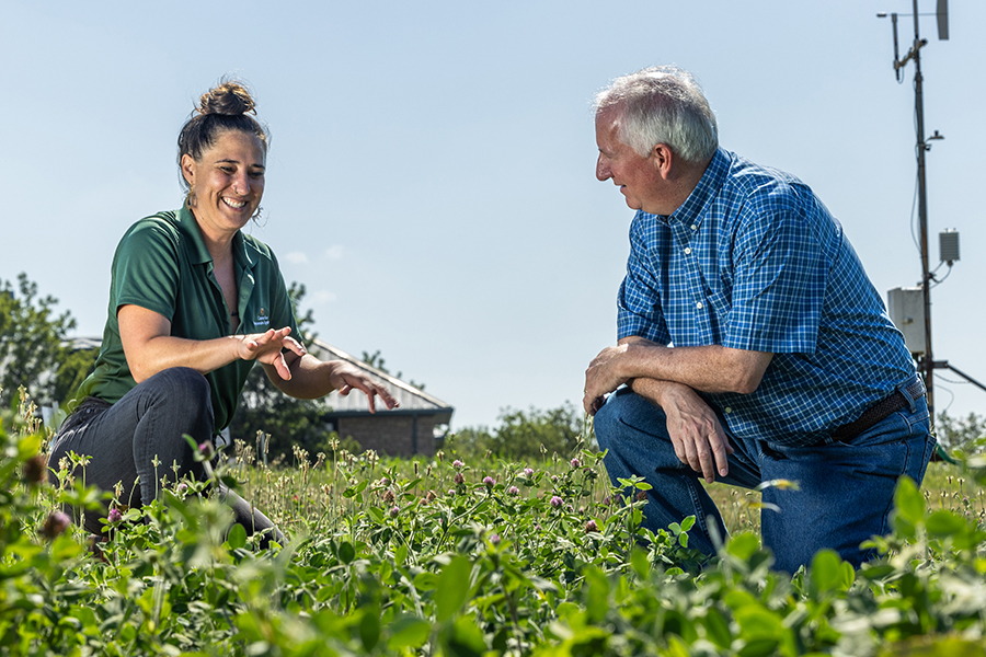 farmer and extension specialist in a field of clover