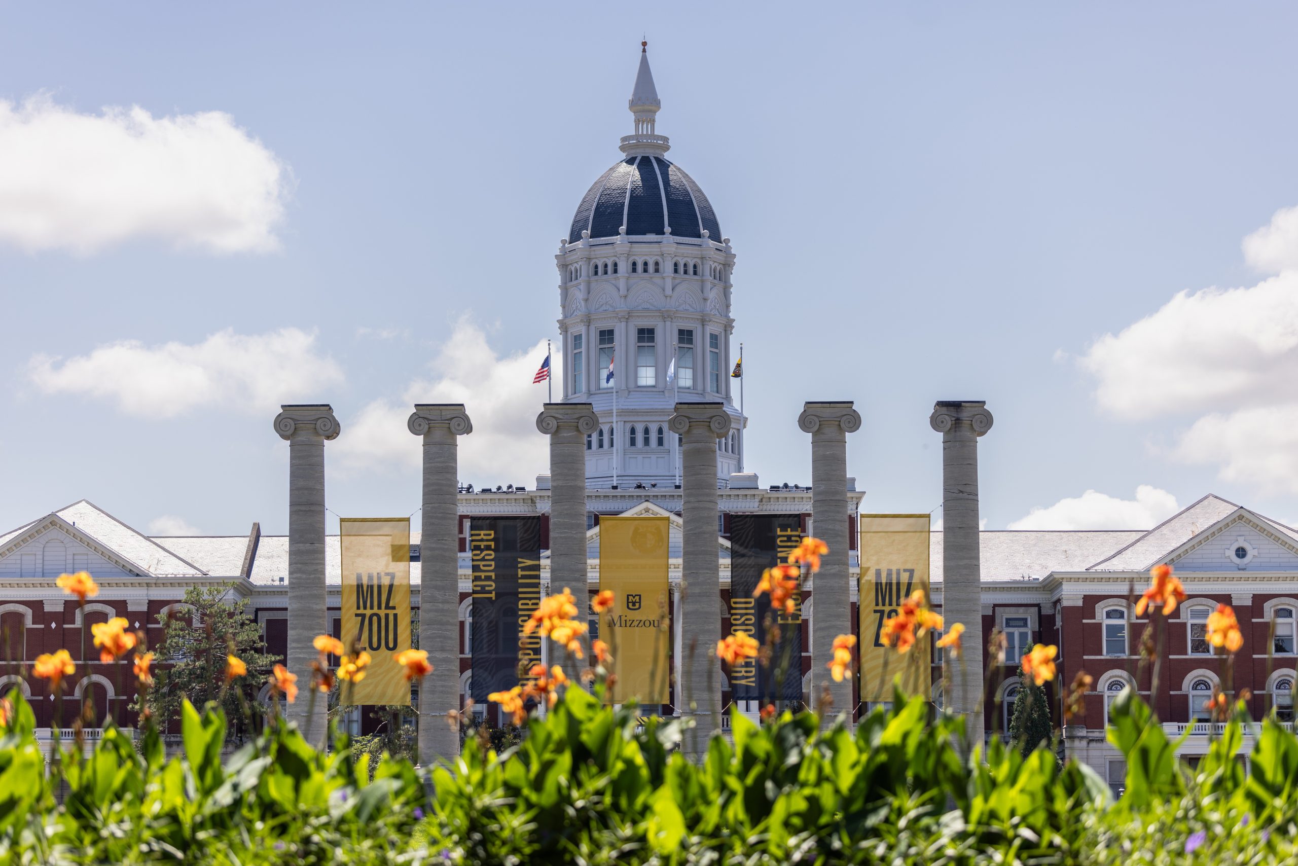 FLowers in front of the Columns and Jesse Hall